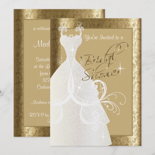 Invitation Fête des mariées en Antique Gold Damask (Devant / Derrière)
