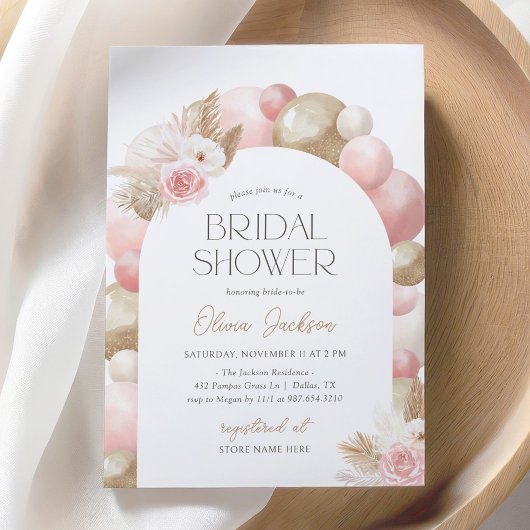 Invitation Fête des mariées en arc de ballon rose Boho Pampas