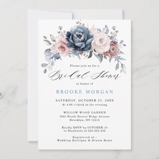 Invitation Fête des mariées en ardoise rose Rose bleu Dusty (Devant)