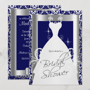Invitation Fête des mariées en bleu marine Damas et argent
