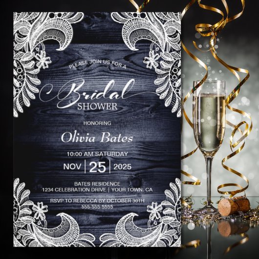 Invitation Fête des mariées en bois bleu dentelle blanche