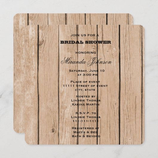 Invitation Fête des mariées en bois rustique (Devant / Derrière)