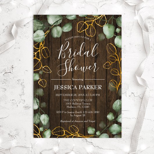 Invitation Fête des mariées en bois rustique Eucalyptus Wreat