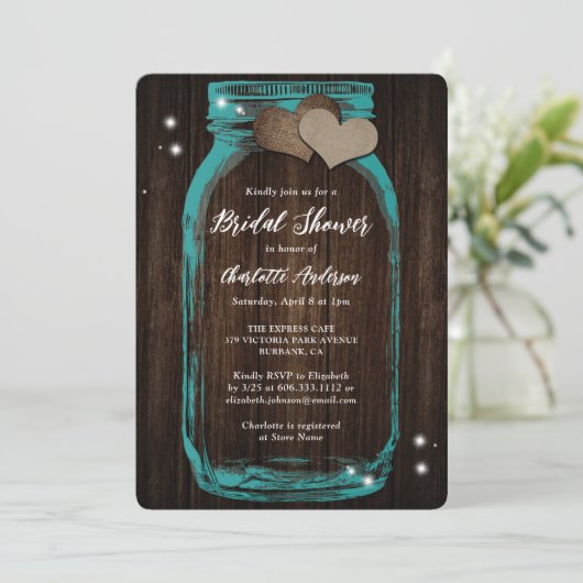 Invitation Fête des mariées en bois Turquoise rustique Mason (Debout devant)