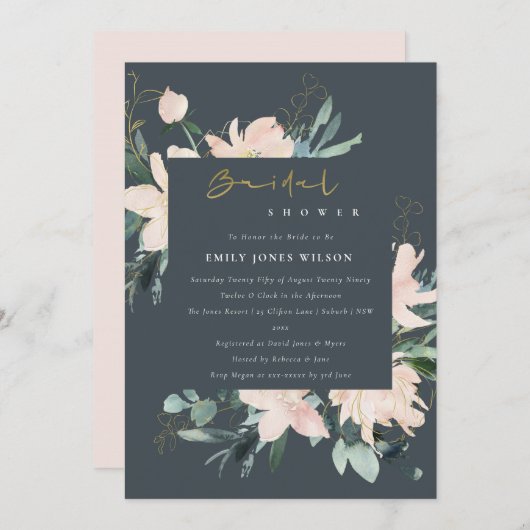 INVITATION FÊTE DES MARIÉES EN CADRE FLORAL BLEU GRAS (Devant / Derrière)