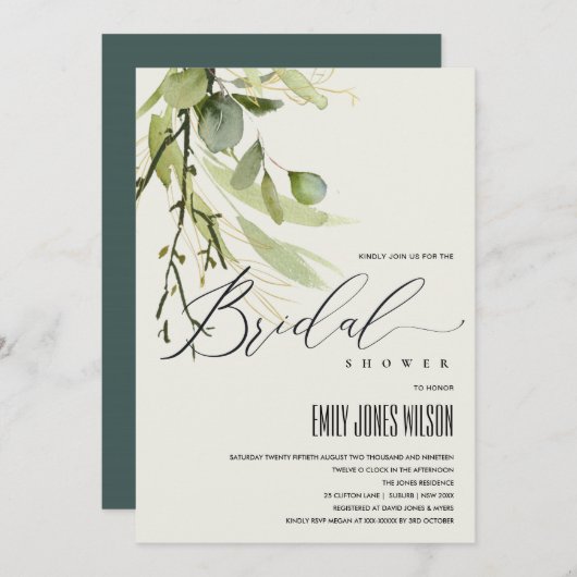 INVITATION FÊTE DES MARIÉES EN COULEUR D'EAU EN FOLIAGE VERT  (Devant / Derrière)