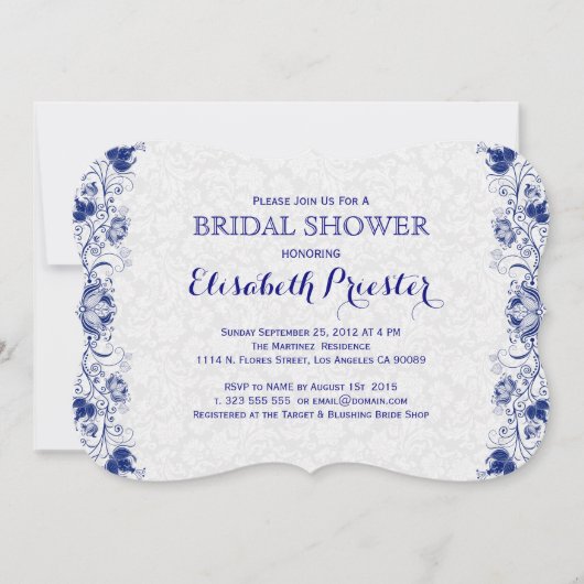 Invitation Fête des mariées en dentelle blanche et marine Inv (Devant)