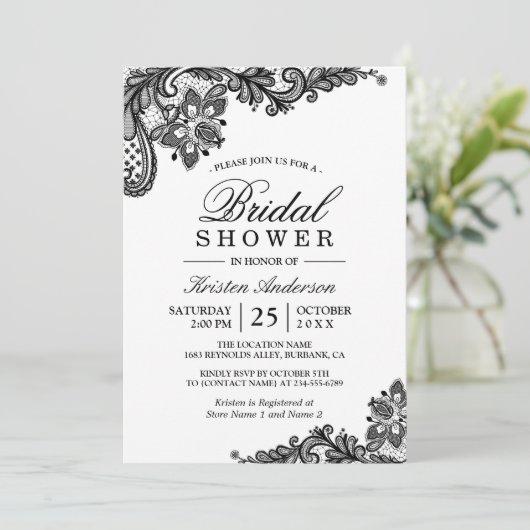 Invitation Fête des mariées en dentelle noire classique (Debout devant)