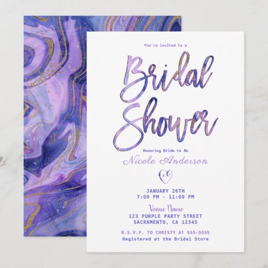 Invitation Fête des mariées en glam chic marbre blanc violet (Devant / Derrière)