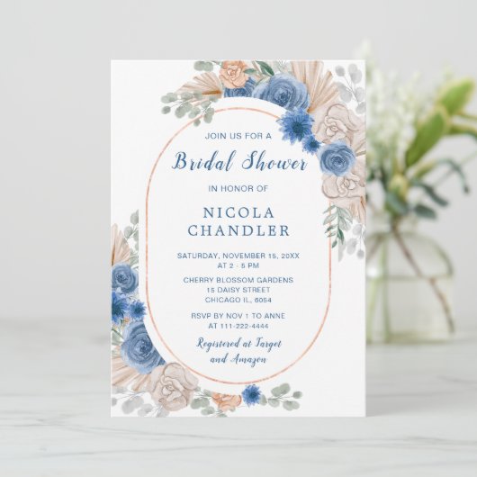 Invitation Fête des mariées en laiton Boho Bleu (Debout devant)