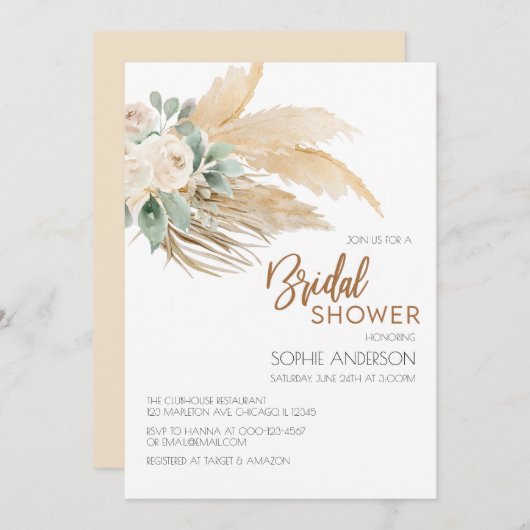 Invitation Fête des mariées en laiton Boho Pampas (Devant / Derrière)