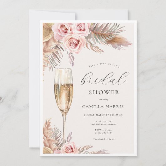 Invitation Fête des mariées en laiton Rustique Boho Pampas (Devant)