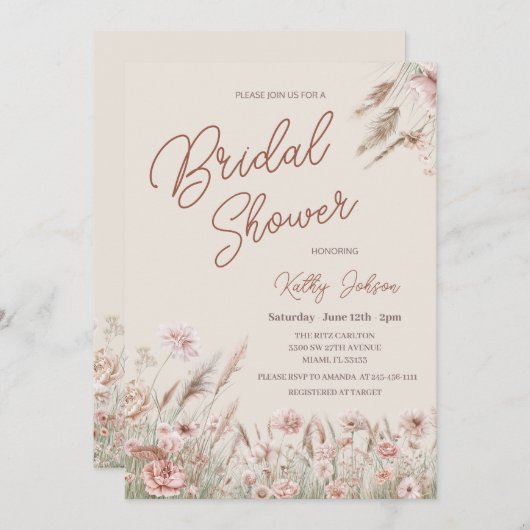 Invitation Fête des mariées en laiton Rustique Fleur sauvage  (Devant / Derrière)