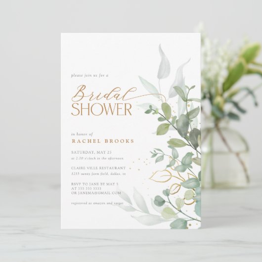 Invitation Fête des mariées en or Eucalyptus Boho (Debout devant)