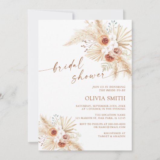 Invitation Fête des mariées en terre cuite Boho Pampas (Devant)