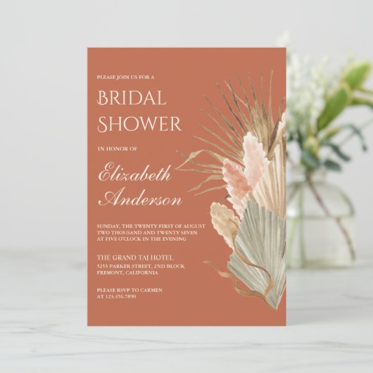 Invitation Fête des mariées en terre cuite rustique Palm Pamp (Debout devant)