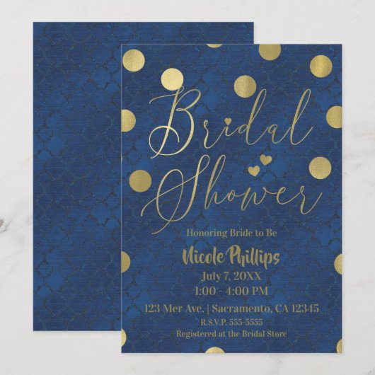 Invitation Fête des mariées en verre chic bleu & or moderne (Devant / Derrière)