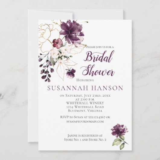 Invitation Fête des mariées encadrée violette et or (Devant)