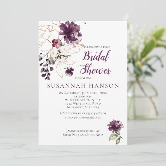 Invitation Fête des mariées encadrée violette et or (Debout devant)