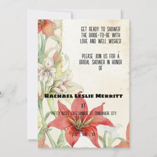 Invitation Fête des mariées Ephémère Lillies blanches et roug (Devant)