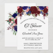 Invitation Fête des mariées espagnole Marine Bourgogne Floral (Devant / Derrière)