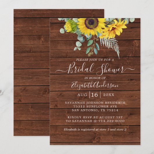 Invitation Fête des mariées Eucalyptus de tournesol en bois r (Devant / Derrière)