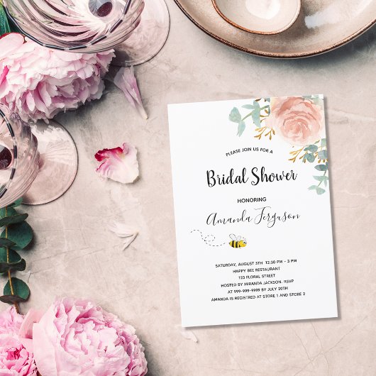 Invitation Fête des mariées eucalyptus fleurie rose d'or abei