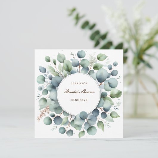 Invitation Fête des mariées eucalyptus verdure serviettes (Debout devant)