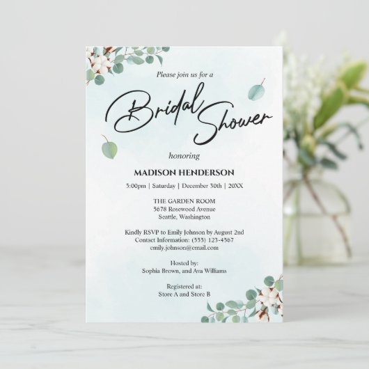 Invitation Fête des mariées Eucalyptus vert et Fleurs de coto (Debout devant)