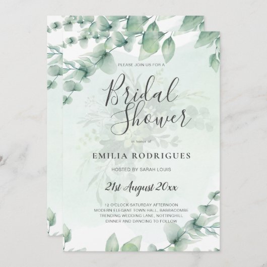 Invitation Fête des mariées Eucalyptus Vert Or QR Code (Devant / Derrière)