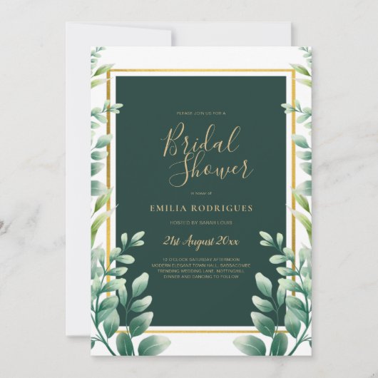 Invitation Fête des mariées Eucalyptus Vert Or QR Code (Devant)