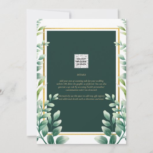 Invitation Fête des mariées Eucalyptus Vert Or QR Code (Dos)