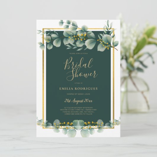 Invitation Fête des mariées Eucalyptus Vert Or QR Code (Debout devant)