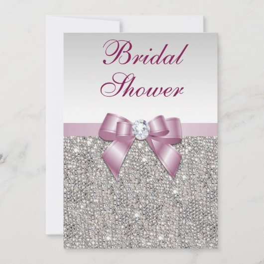 Invitation Fête des mariées Faux Silver Sequins Burgandy Bow (Devant)