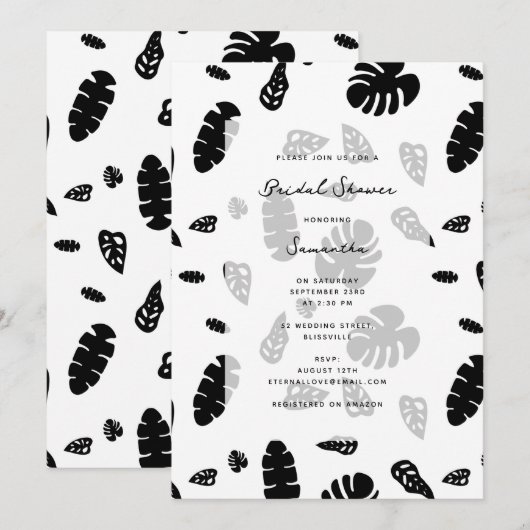 Invitation Fête des mariées Feuille d'été tropicale noire et (Devant / Derrière)