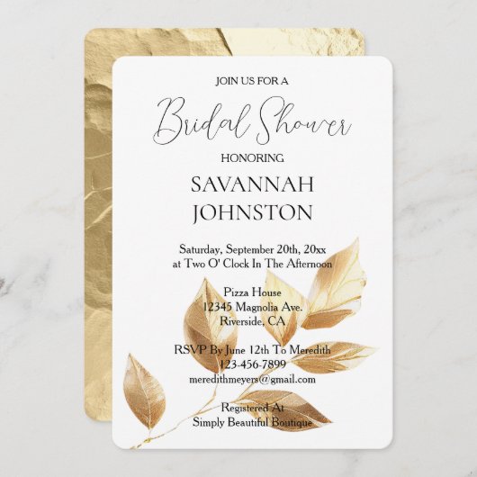 Invitation Fête des mariées Feuille d'or (Devant / Derrière)