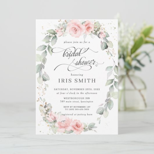 Invitation Fête des mariées feuillu rose chic (Debout devant)