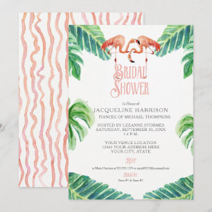 Invitation Fête des mariées Flamant rose rose feuille d'aquar