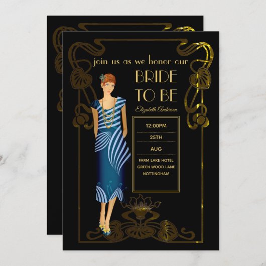 Invitation Fête des mariées Flapper Art Déco Gatsby des année (Devant / Derrière)