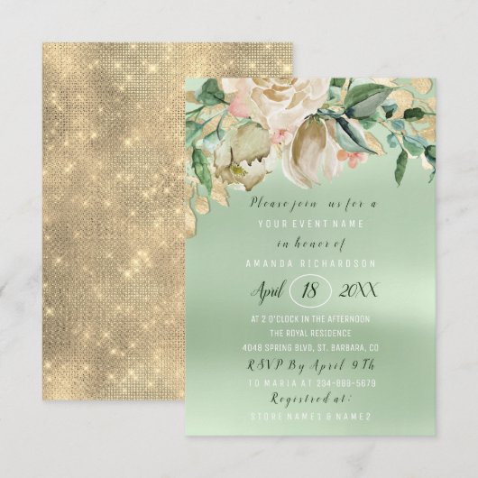 Invitation Fête des mariées Fleur Brunch Mint Aquarelle Or (Devant / Derrière)