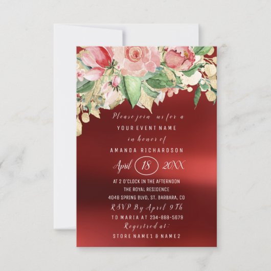 Invitation Fête des mariées Fleur Brunch Vert Or Marsala (Devant)