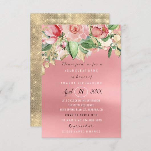 Invitation Fête des mariées Fleur Brunch Vert Rose Or (Devant / Derrière)