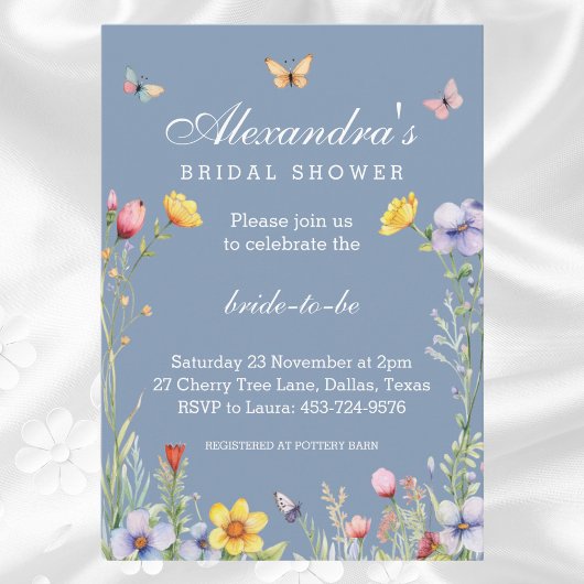 Invitation Fête des mariées Fleur sauvage à papillon bleu