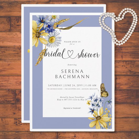 Invitation Fête des mariées Fleur sauvage bleu et jaune rusti