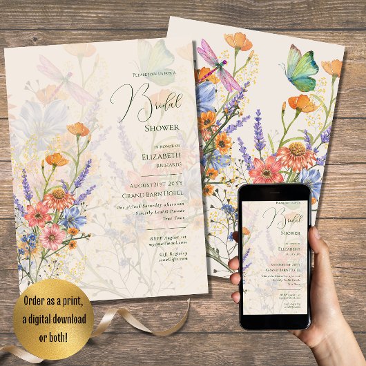 Invitation Fête des mariées fleur sauvage BOHO imprimé ou num