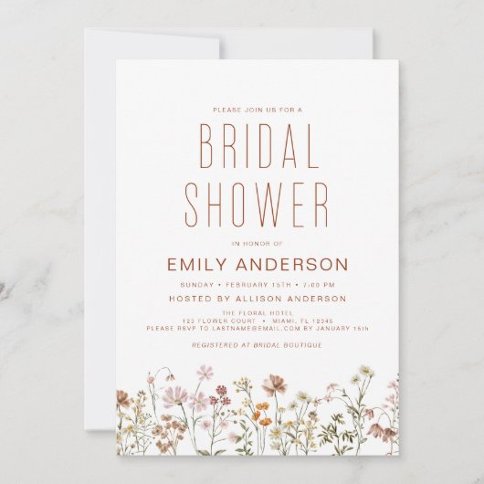 Invitation Fête des mariées Fleur sauvage Boho moderne élégan (Devant)