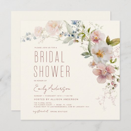 Invitation Fête des mariées Fleur sauvage Boho moderne élégan (Devant / Derrière)