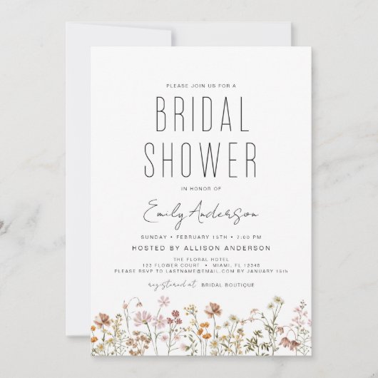 Invitation Fête des mariées Fleur sauvage Boho moderne élégan (Devant)