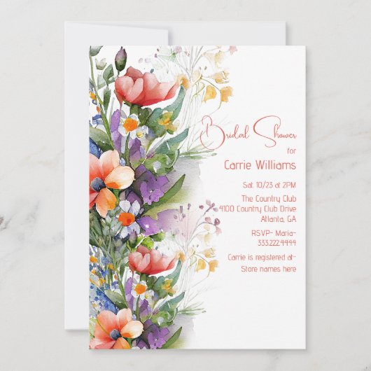 Invitation Fête des mariées Fleur sauvage corail et violet (Devant)