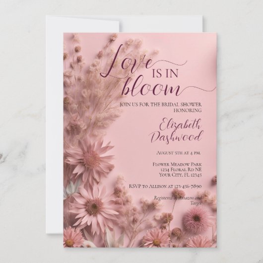 Invitation Fête des mariées Fleur sauvage séchée de Boho rose (Devant)